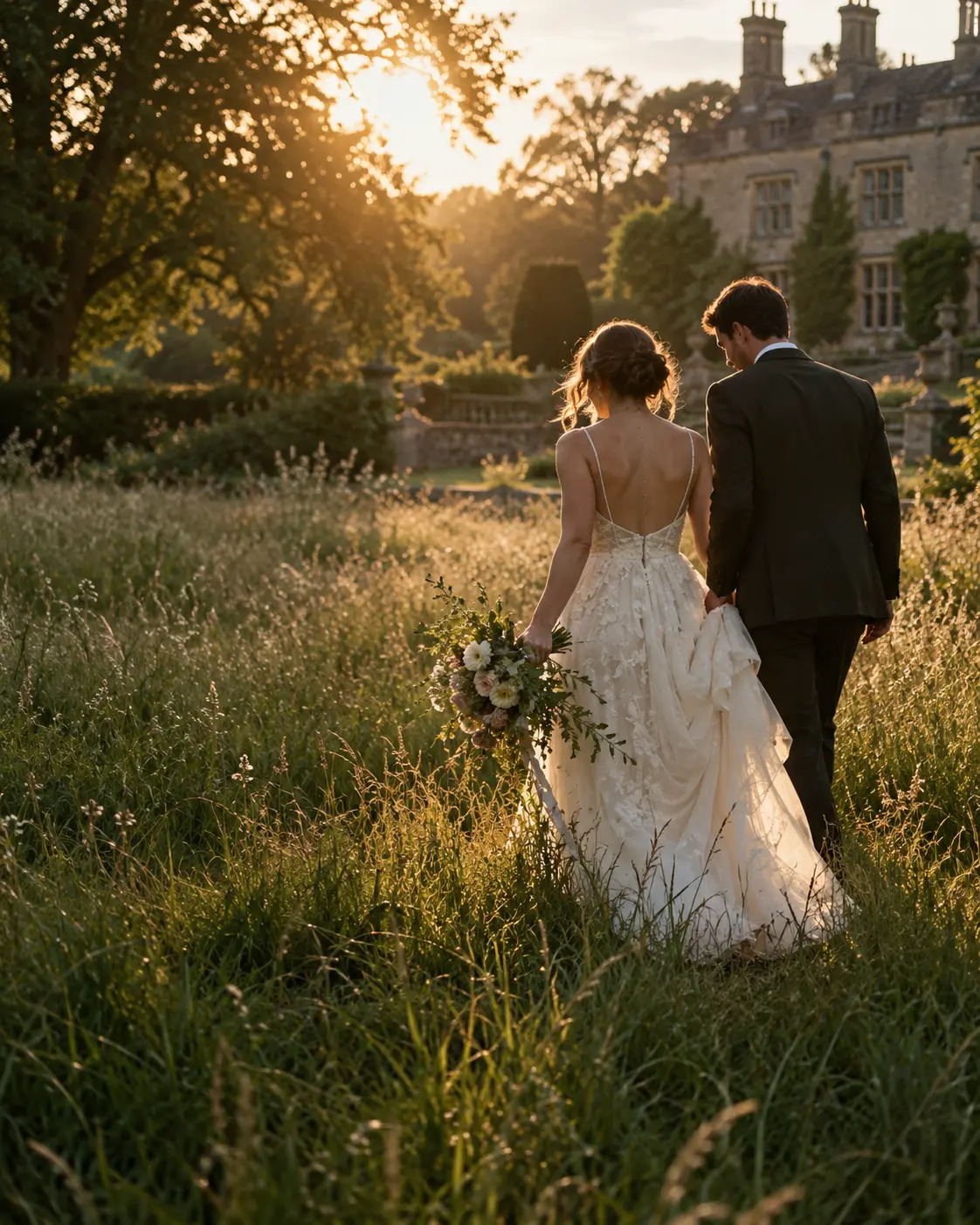 Sample editorial wedding imagery of a couple walking through a country-house garden